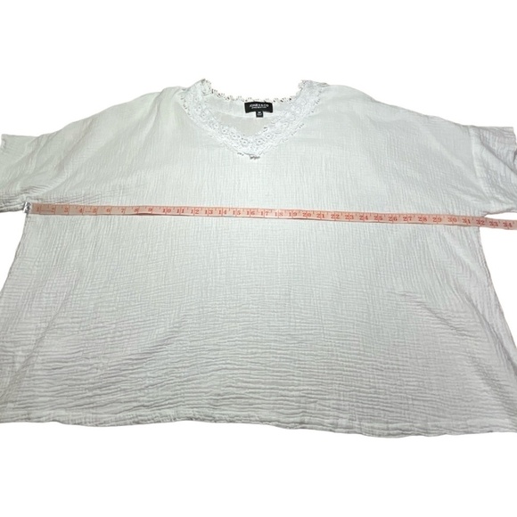 JONES & CO White Slub Textured 100% Cotton Lace Trim Batwing Short Sleeves 3X - Picture 7 of 10